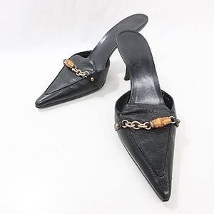 Gucci Sandals Mules Chain Bamboo High Heel Leather Black 37C AA